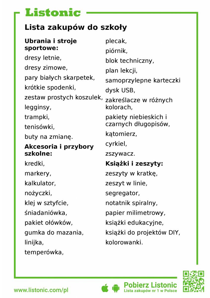 lista zakupów do szkoły 