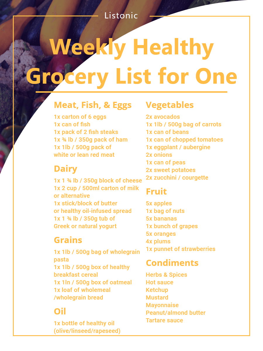 healthy grocery list for one - template